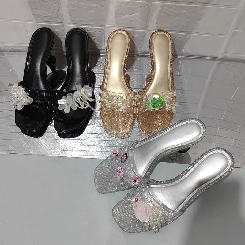 Fashion Square-toe Crystal Jelly Slippers Summer Fashion Versatile High-heeled Sandals PVC Sequins Mules Elegant Open Toe Shoes