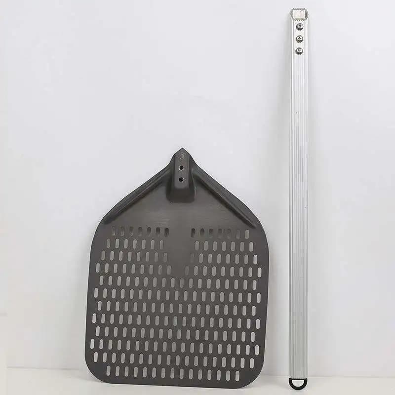 Strumento per pizza da forno: pagaia per pizza rettangolare in alluminio da 12 pollici x 14 pollici, crosta di pizza perforata, con manico in silicone esteso