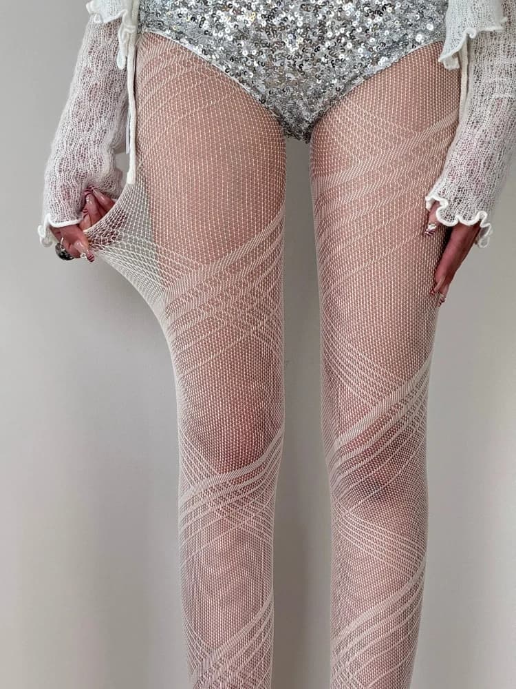 Nuove Calze a Rete Stampate Bianche, Stile Punk Gothic Lolita, Calze a Rete Sexy per Ragazze, Collant Sottili e Trasparenti a Righe per Donne