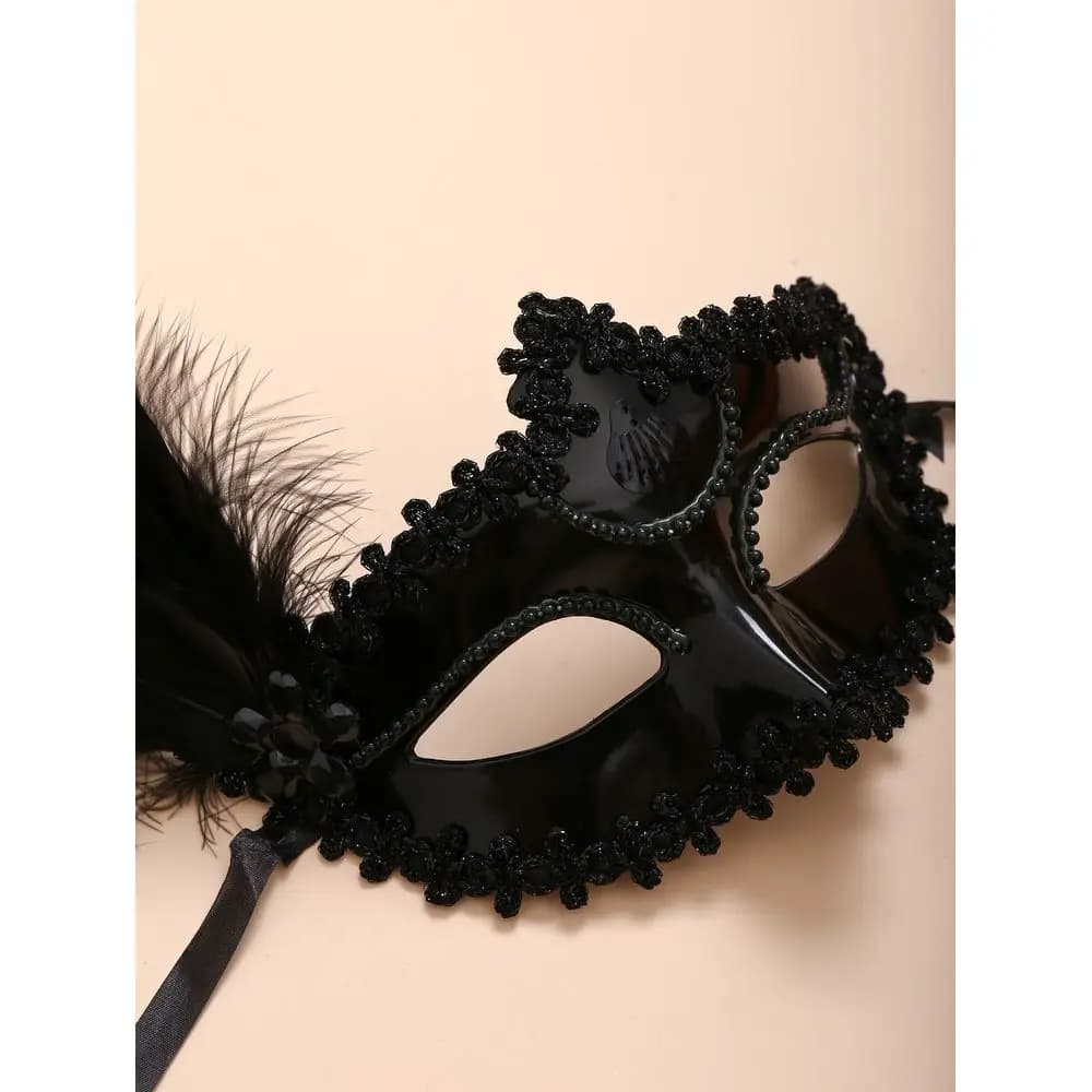 1 pezzo di collana da donna creativa e personalizzata con finiture in pizzo, perle finte nere, maschera per il viso con piume di volpe, adatta per feste e festival