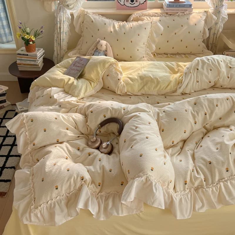3/4Pcs Korean Princess Style Lace Ruffles Bedding Set Single Queen King Size Duvet Cover Set Bed Sheet Pillowcases