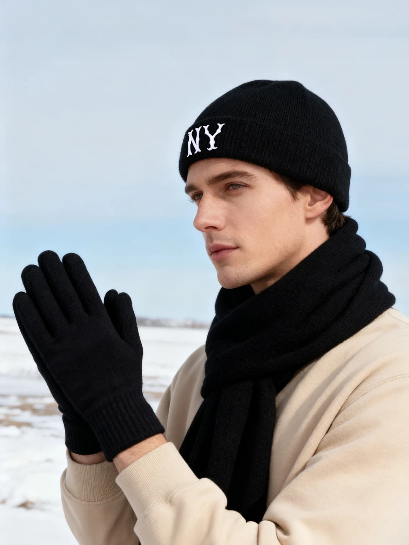 NY Windproof 3-Piece Knitted Set - Ultra-Soft Beanie/Scarf/Gloves, Winter Streetwear for City & Outdoor"