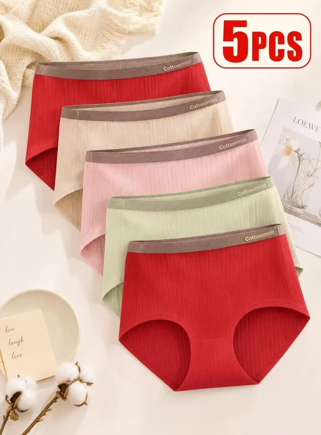 5PCSWomen'sCotton Underwear Sexy Lace Panties Plus Size Fashion Pure Colur Briefs High Waist Seamless Underpants Female Lingerie