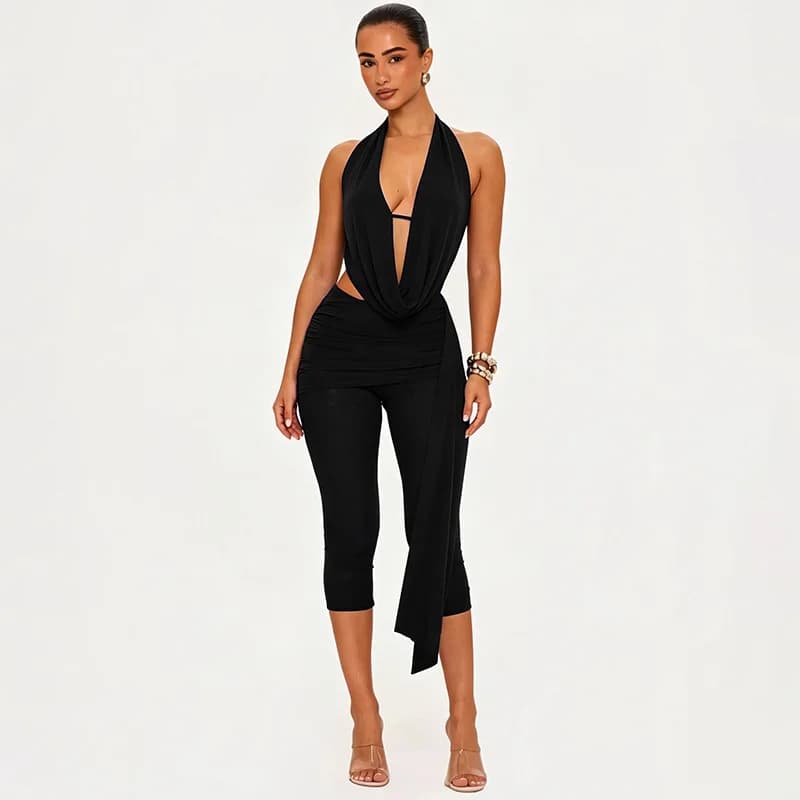 Clubwear 2 Piece Set Women Solid Swinging Collar Lace Up Halter Backless Tanks Top + Ribbon Ruched Skinny Calf Length Pants Suit
