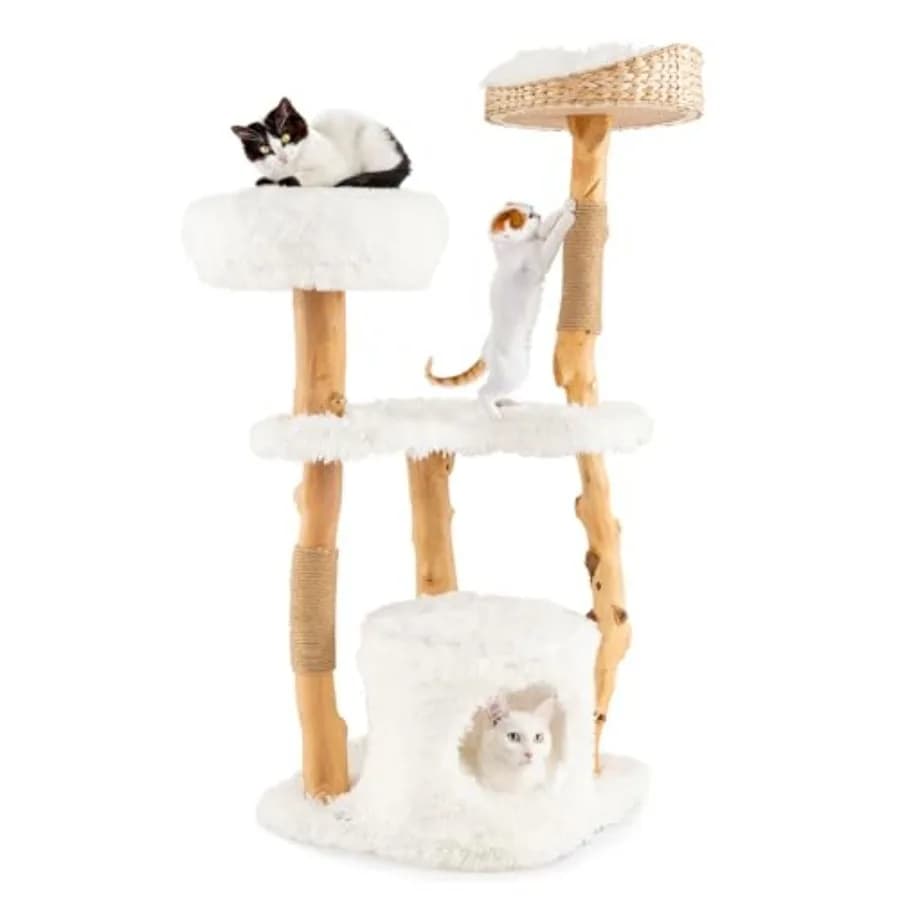 Albero per Gatti Moderno in Legno Massello con Cesto Superiore in Cattail, Posto Letto Laterale, Ampia Piattaforma, Cuccia e Tiragraffi per Gatti da Interno B