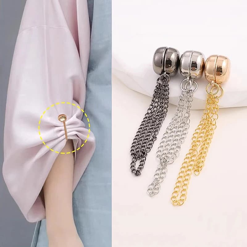 Confezione doppia di clip magnetiche multifunzionali per abbigliamento con catena, bottoni in metallo per vestiti, sciarpe, polsini per pantaloni, spille magnetiche.