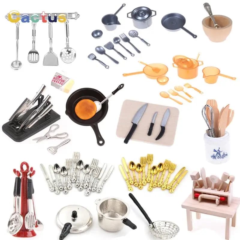 1:12 miniature per casa delle bambole Mini stoviglie da cucina coltello e forchetta in legno Set di pentole in metallo giocattoli per la casa delle bambole accessori per la decorazione