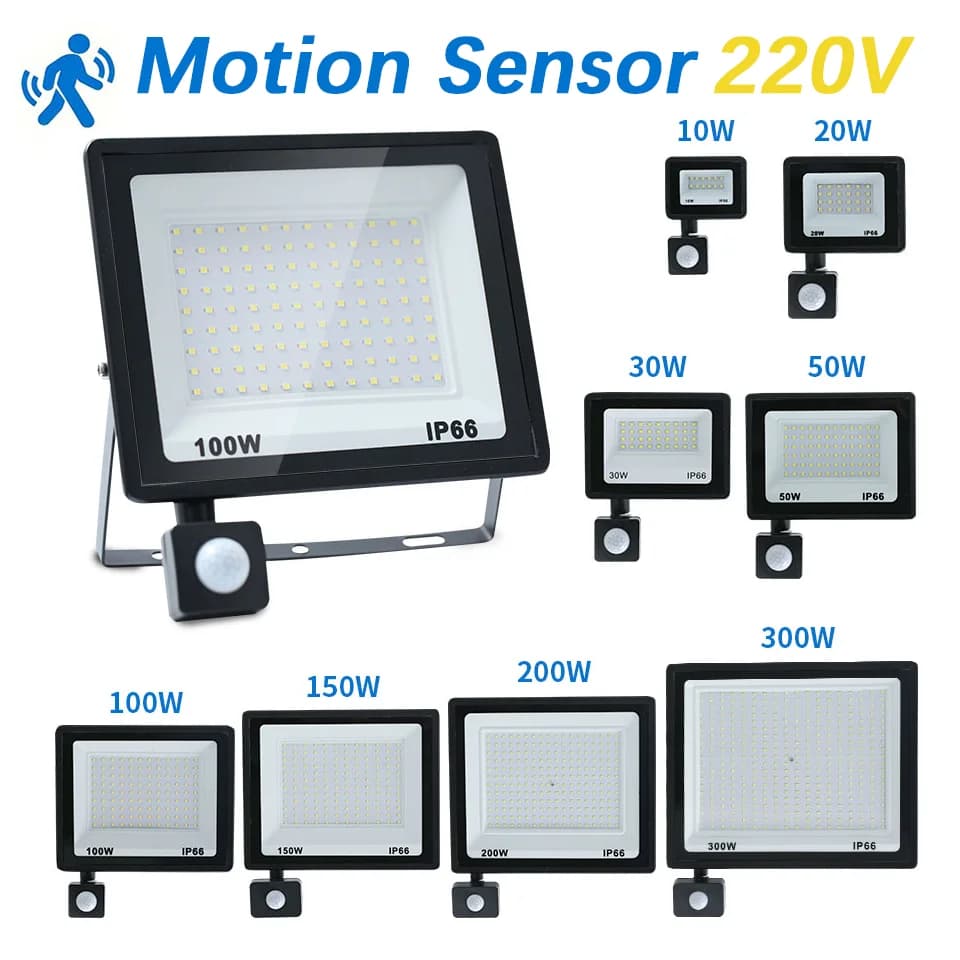 Luce di inondazione a LED Sensore di movimento PIR 10W 20W 30W 50W 100W 150W 200W 300W AC220V IP66 Faretto impermeabile Proiettore stradale per esterni