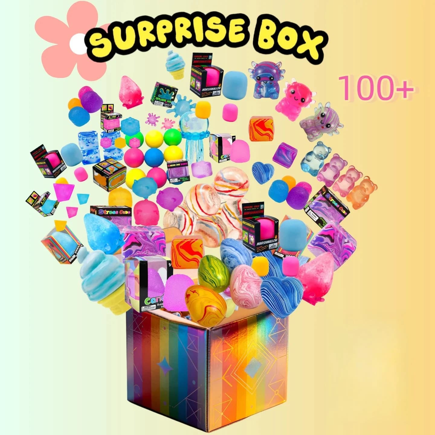 100+Pcs Surprise Box Toys Novelty Stress Relief Assorted Squishy Figures Blind Box Fun Mystery Fidget Stress Relief Surprise