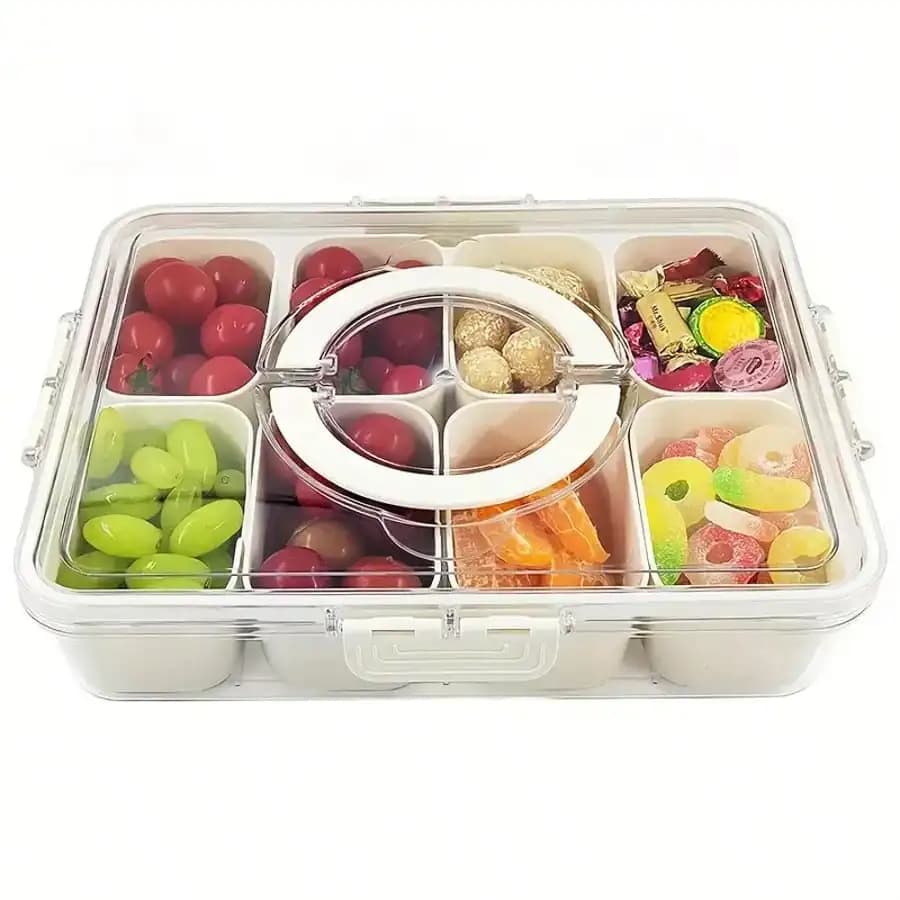 Confezione da 1 contenitore per snack con coperchio e maniglia, vassoio portatile diviso per frutta e snack, essenziale per i viaggi (non lavabile in lavastoviglie)