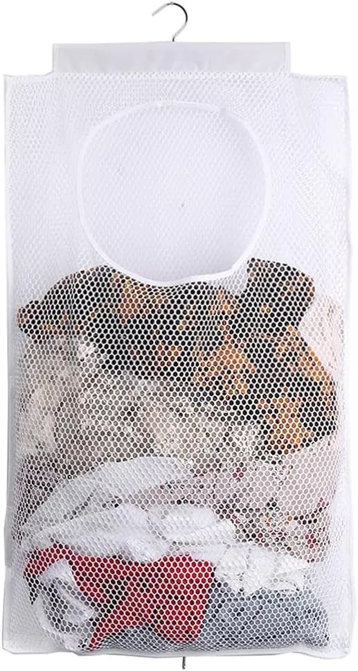 Breathable Mesh Laundry Hamper, Foldable Hanging Storage Basket, Space Saving Dirty Clothes Bag (White)