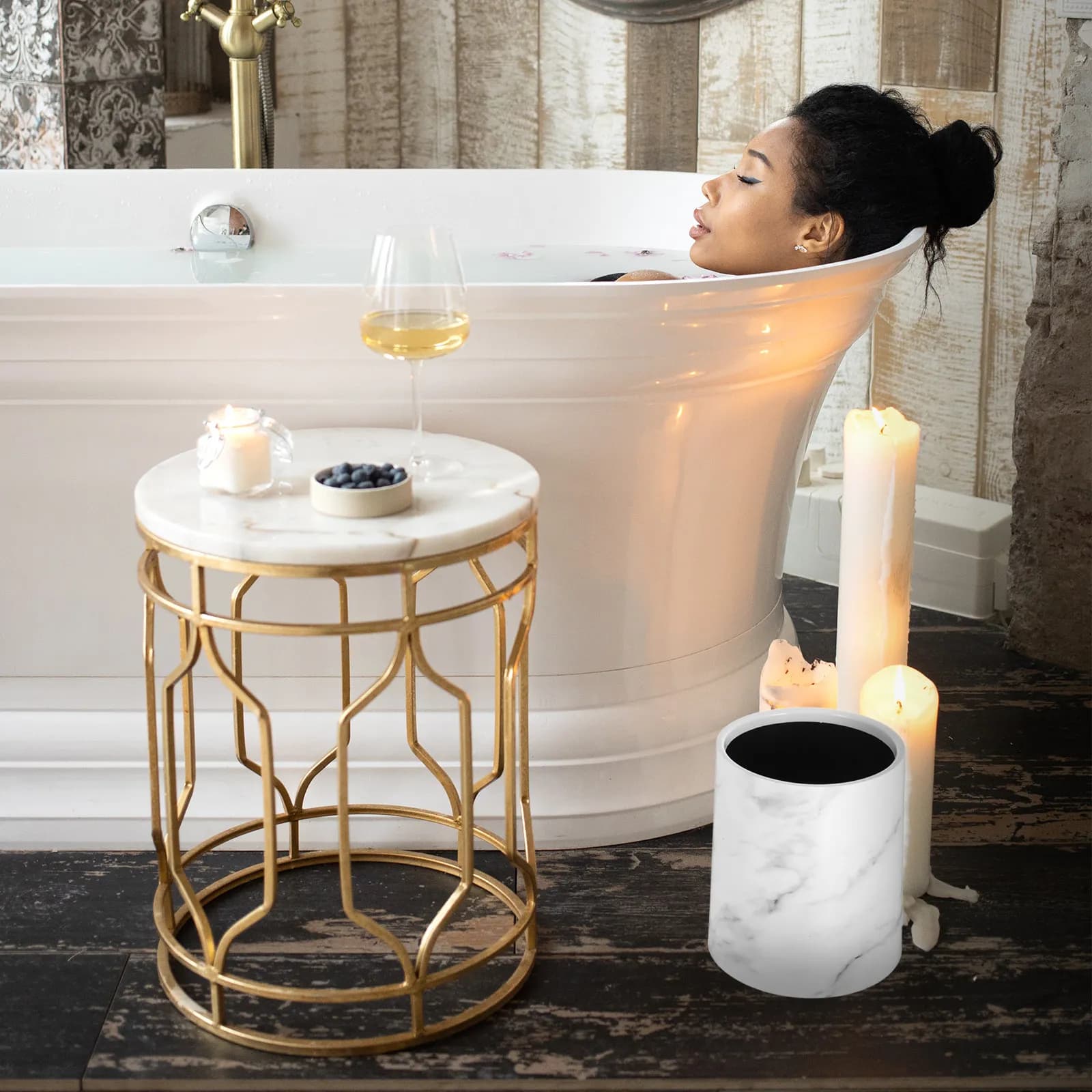 Marbling Garbage Bin Plastic Large Double Layer Round Trash Can Waste Paper Basket Home Office Bathroom Waste Container