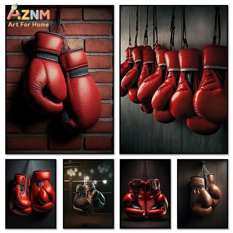 AZNM Vintage Red Boxing Gloves Canvas Wall Art Dark Brick Wall Boxing Arena Sport Photography Unframed Print For Gym Man Cave De