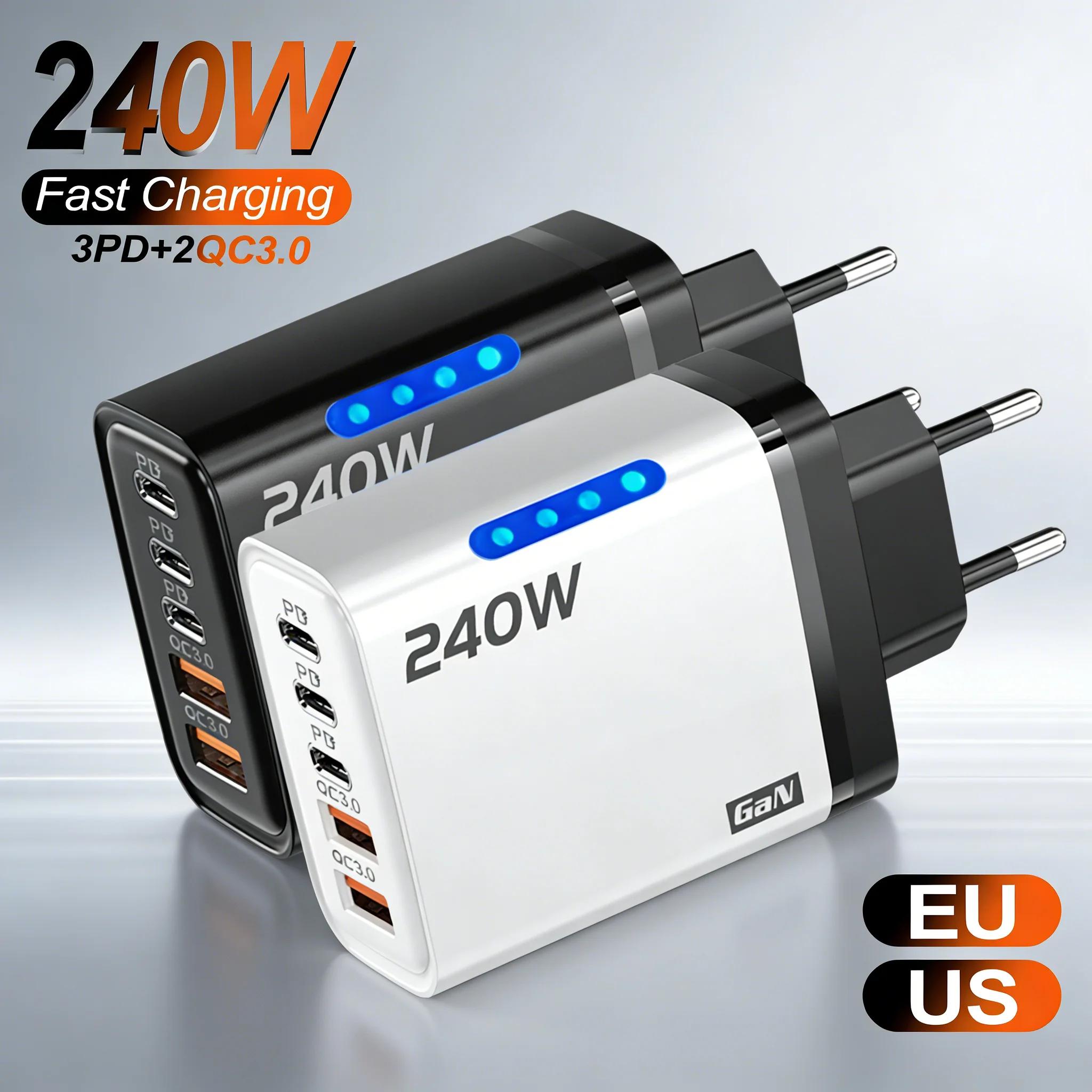 USB C GaN Charger Adapter from 240 W Power Adapter for Fast Charger Phone Charger 5 in 1 for iPhone Samsung Xiaomi Type C Wall Charger with Plug EU/USA