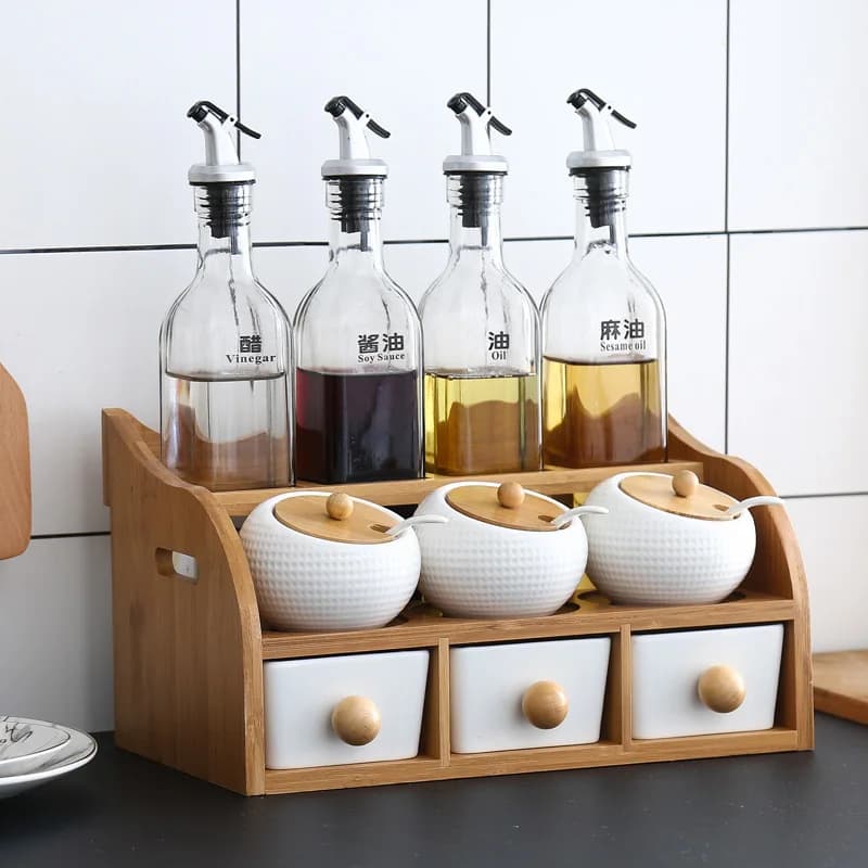 Set di spezie in ceramica giapponese: bottiglie per condimenti, dispenser per salsa di soia e aceto, salienti per olio e pepe, organizer antiderribaltamento