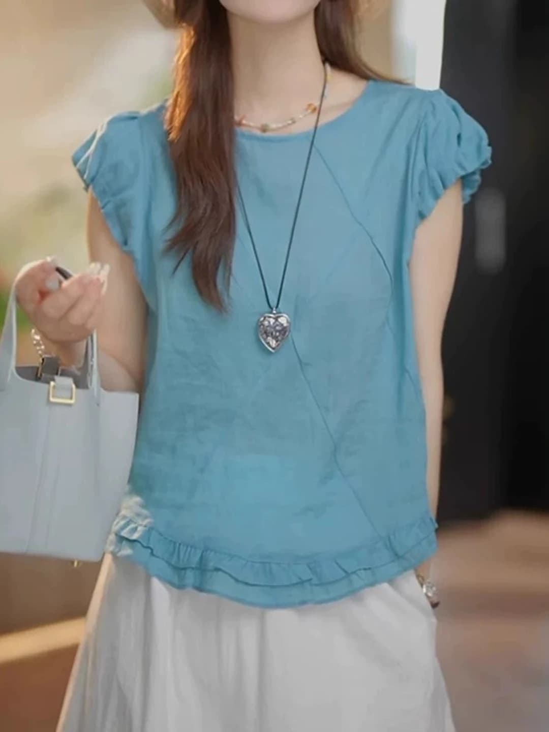 Fashionable Sweet Girl's Blouse with Lace Trimmed Puffy Sleeves Women's Summer Shirt plus Size Korean Style Commute Style