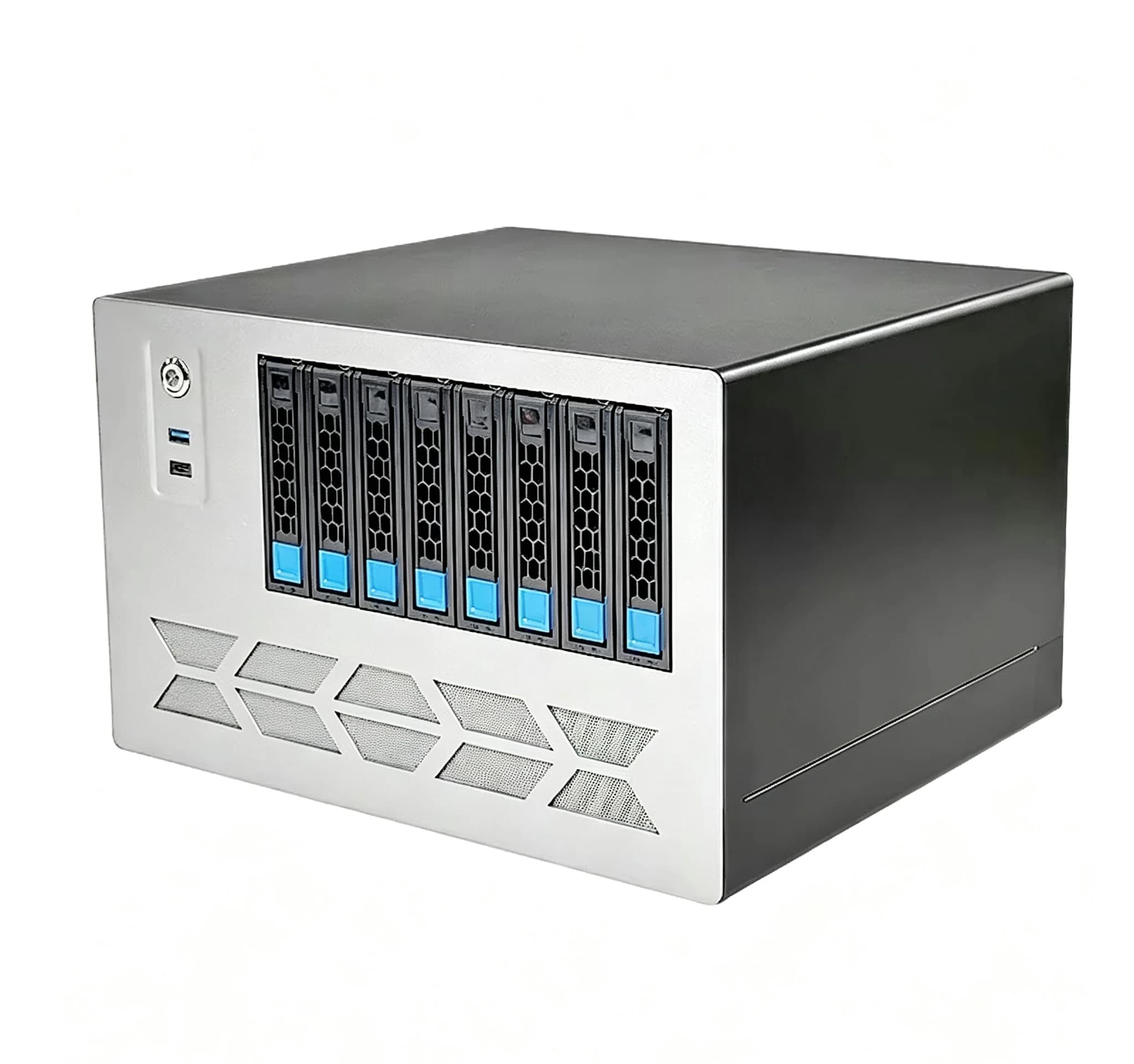 8 Bays MATX NAS Server Mid Tower Chassis, Support Micro-ATX Mainboard, Front USB Type-C Port, Steel Storage Computer Case