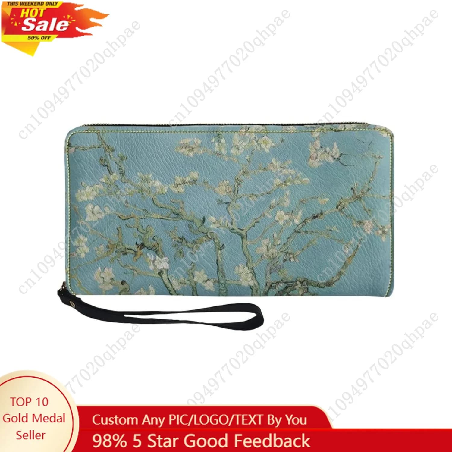 KIDVOVOU Portafoglio da donna Van Gogh con blocco Rfid per carte di credito Portafoglio lungo in pelle PU con cerniera Portafogli con pochette da polso, Fiore di mandorlo