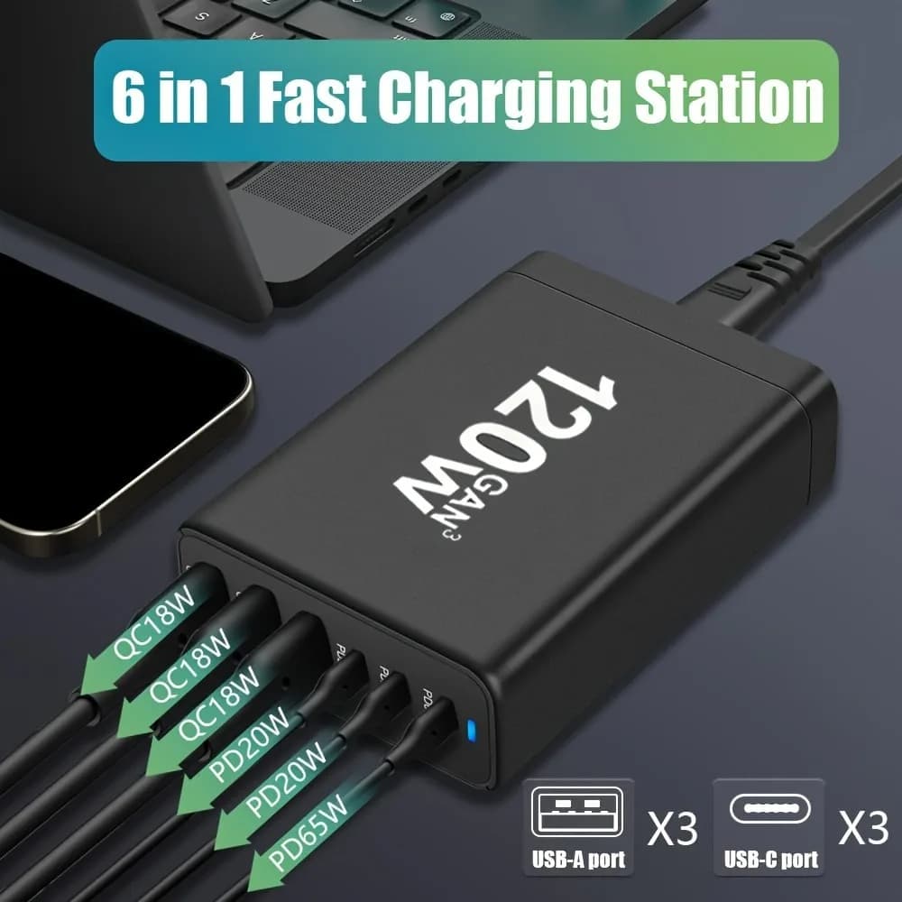 Stazione di ricarica rapida USB 120W GaN a 6 porte 3C3A Hub portatile da parete PD Caricabatterie rapido per cellulari e dispositivi multipli