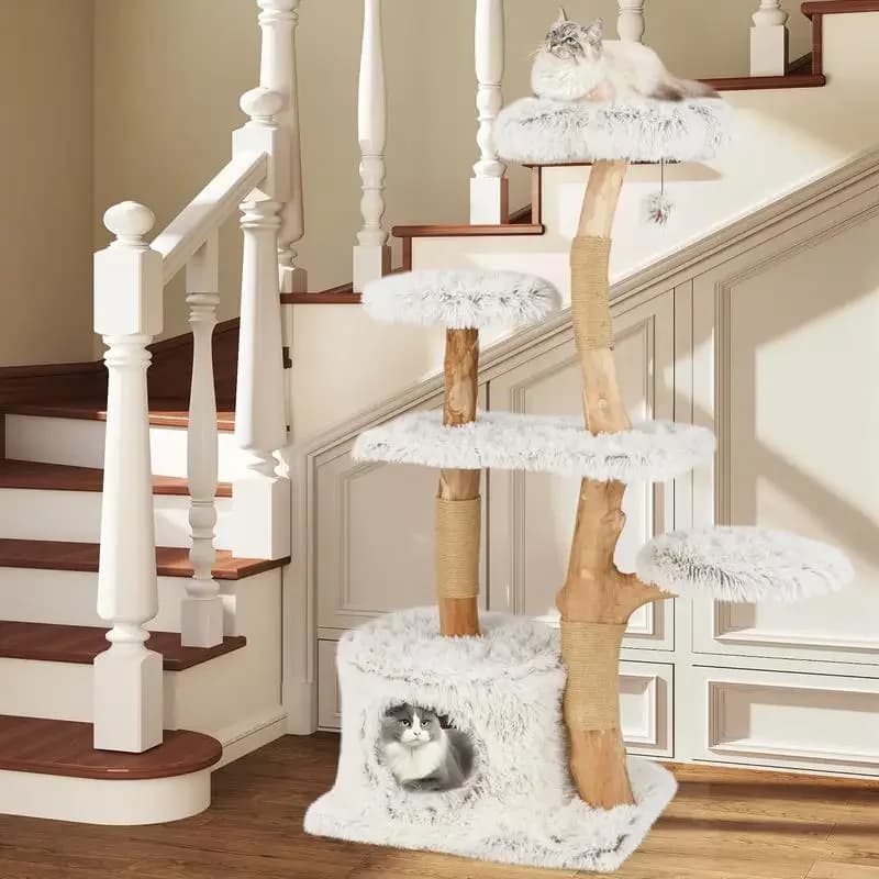 Albero per Gatti Moderno Alto 135 cm in Legno Naturale con Tiragraffi in Juta - Bianco