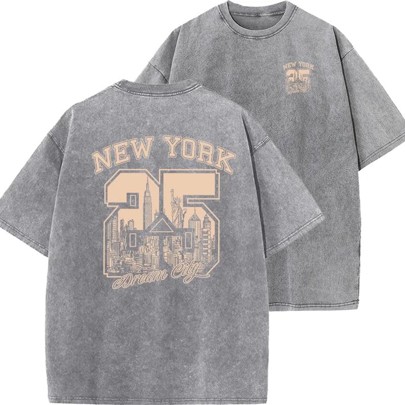 New York City T-shirt da donna con stampa divertente T-shirt estiva vintage in cotone lavato traspirante T-shirt casual per la casa