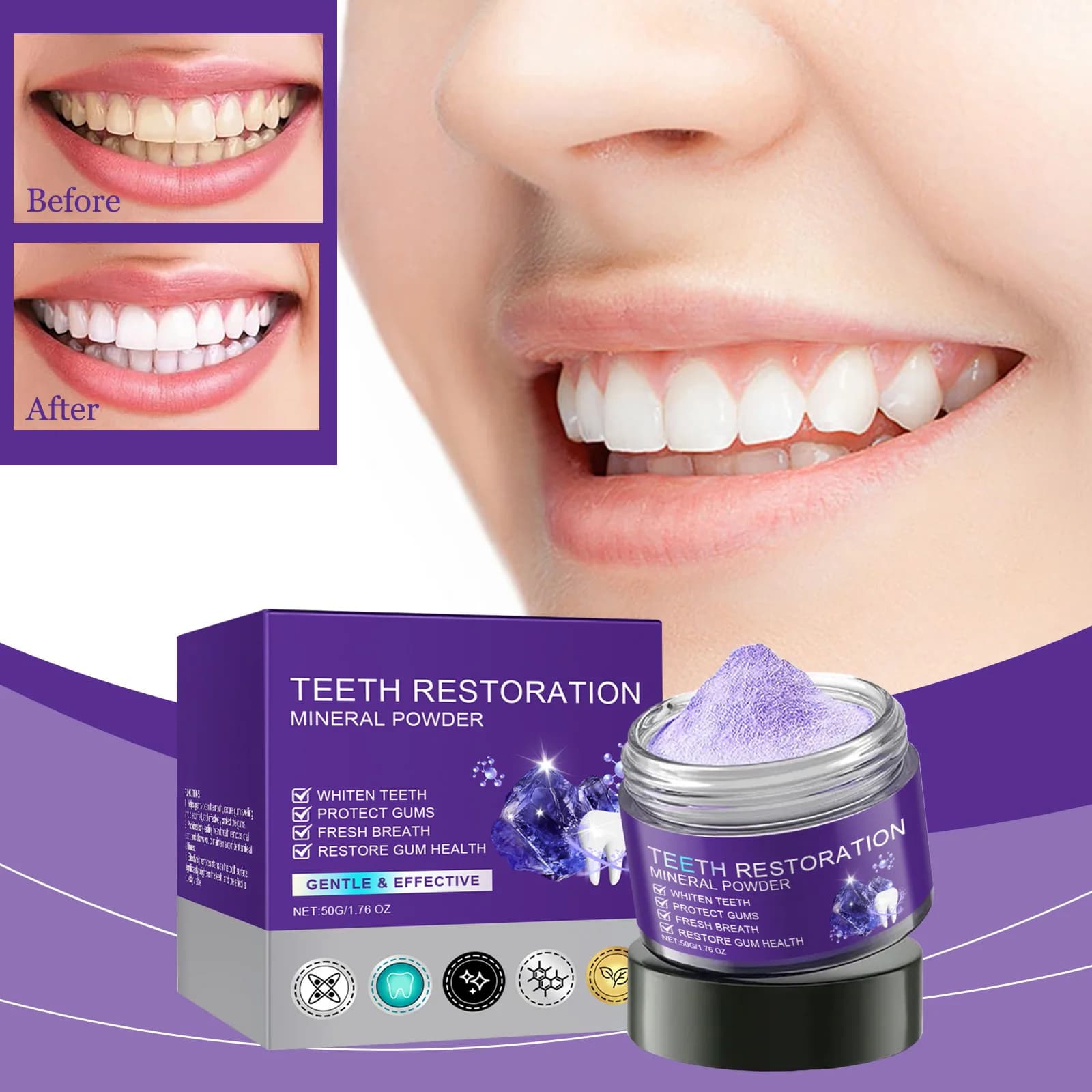 50g Tooth Whitening Tooth Clean Oral Hygiene Dentifricio Remove Plate Stains Fresh Food Restoration of Teeth Mineral Powder