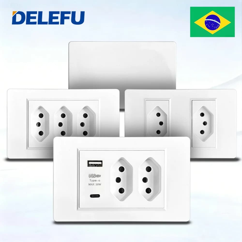 DELEFU White PC Full-paddle Brazil USB TypeC Fast Charging Wall Socket Switch Integrated Module CAT6 10A 20A