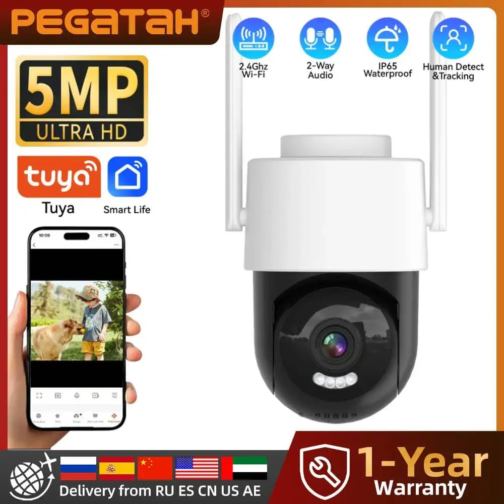 Telecamera PTZ WiFi Tuya per Esterni con Zoom 5X, Telecamera IP di Sicurezza 5MP, Visione Notturna a Colori, Sorveglianza con Tracciamento Umano e Rilevamento del Movimento