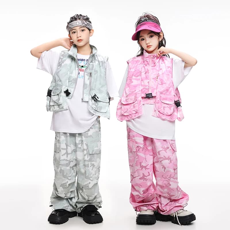 T-shirt per ragazzi Hip Hop Camo Gilet di jeans Jeans strappati Ragazze Streetwear Pantaloni cargo Bambini Abiti da ballo di strada Costume di scena per bambini