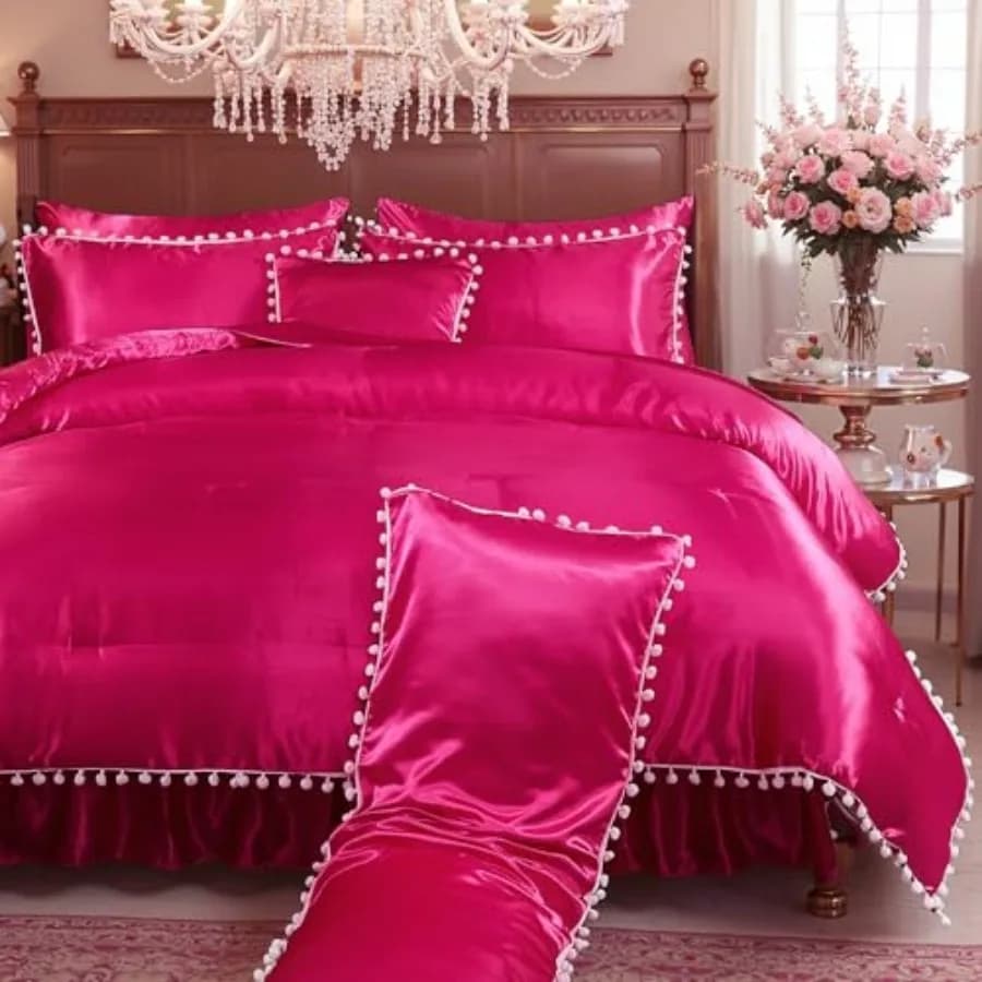 Set di Biancheria da Letto in Raso Setoso con Set di Lenzuola, Copriletto, Federa per Cuscino con Pompon, Set di Lusso 10 Pezzi