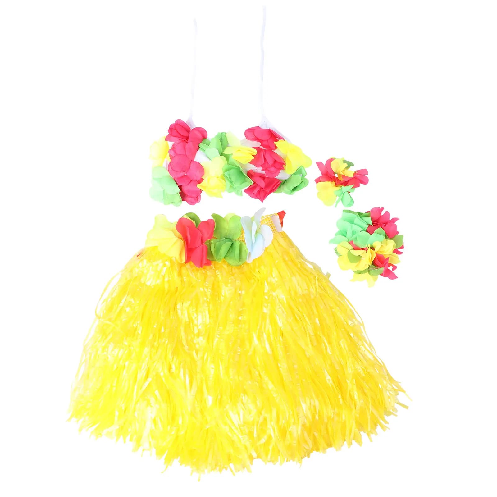 Set di 5 gonne in erba tropicale Hula a tema Hawaii, include reggiseno a forma di fiore, fascia per capelli, braccialetti, design con elastico in vita e chiusura a strappo per la spiaggia