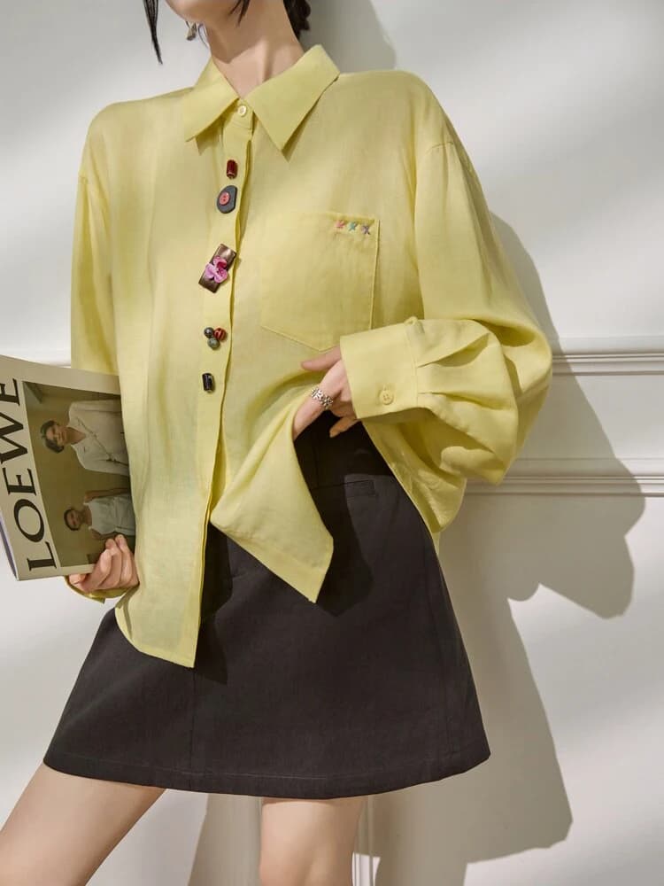 Women Yellow Sheer Oversized Shirt Blouse Top Colorful Button Down Long Sleeve Loose Fit Casual Summer See Through Shirt
