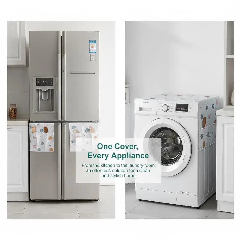 Multifunctional Fridge & Washer Dust Cover with Hanging Storage Bag Washable Anti-splash for Apartment Kitchen Laundry Use