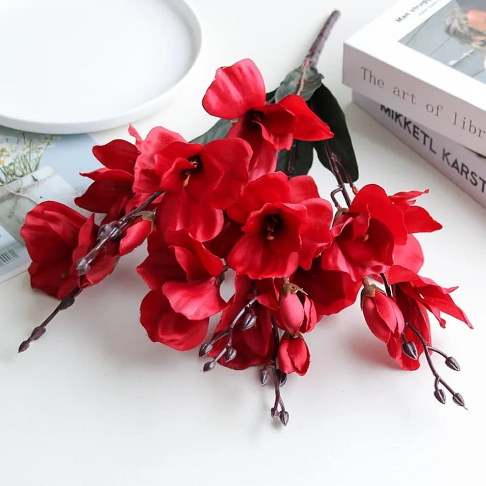 New 5 Branch Artificial Magnolia Flowers 20 Heads Multi-Bloom Artificial Faux Plants Blue Silk Fake Flower Branch Home Decor