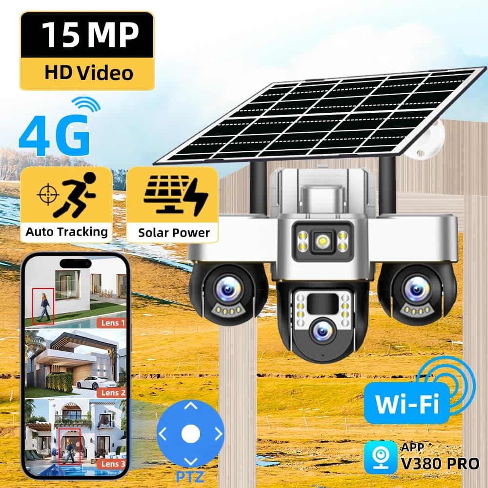 V380 PRO 6K 15MP 3 lenses 3 sunscreens 4G outdoor CCTV IP66 night vision waterproof security surveillance