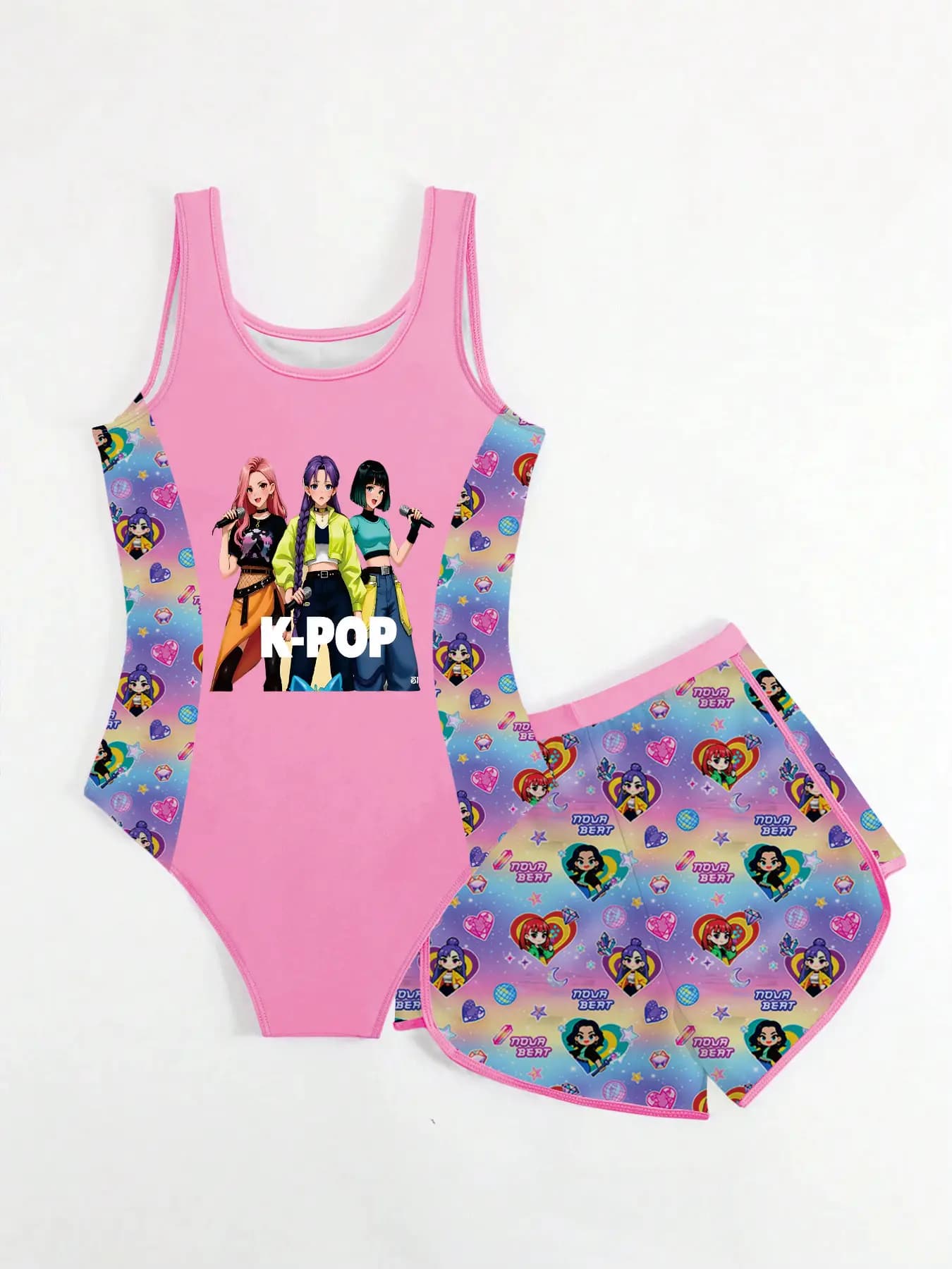 Costume da bagno intero e pantaloncini per bambine, 2 pezzi, con stampa anime K-POP, protezione UPF 50+, ad asciugatura rapida, per l'estate, la spiaggia e la piscina