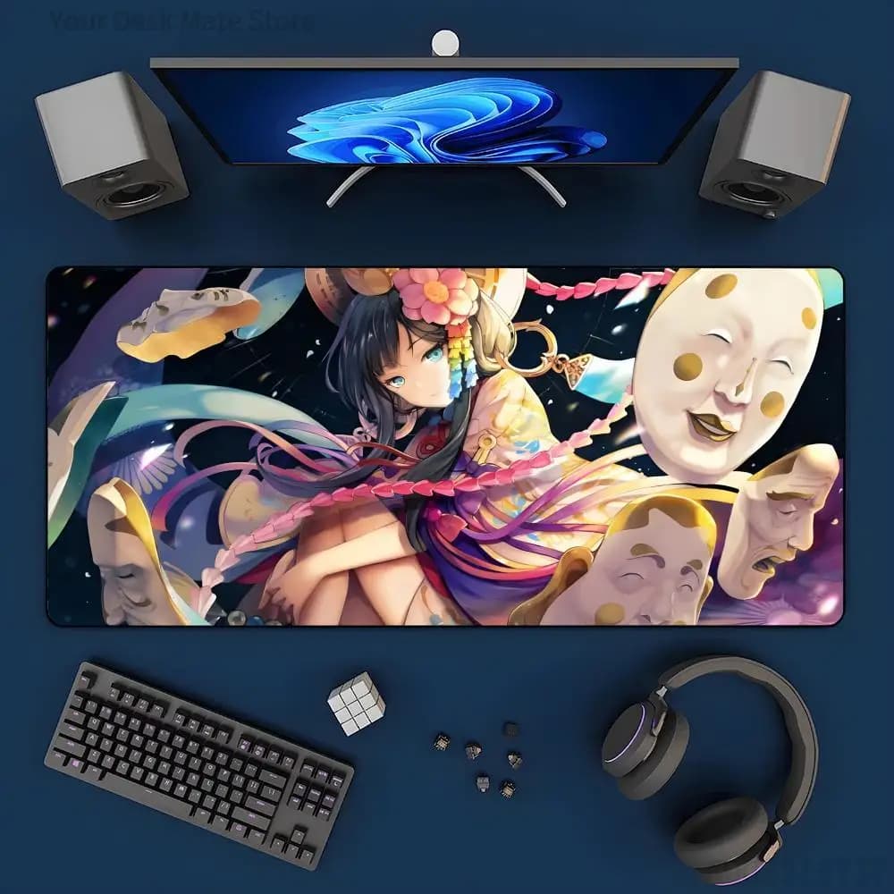 Desk Mat, Gaming Mouse Pad, Anti-slip Rubber, Stitched Edges, HD Vibrant Ukiyo-e Style Anime Girl with Masks & Floral Pattern
