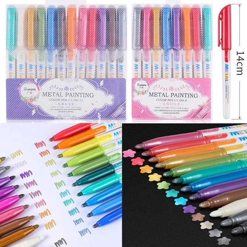 8/12 Colors Permanent Paint Pens Metallic Markers Pen Scrapbooking DIY Art Marker Pens Stationery Supplies Gift Coloring Markers