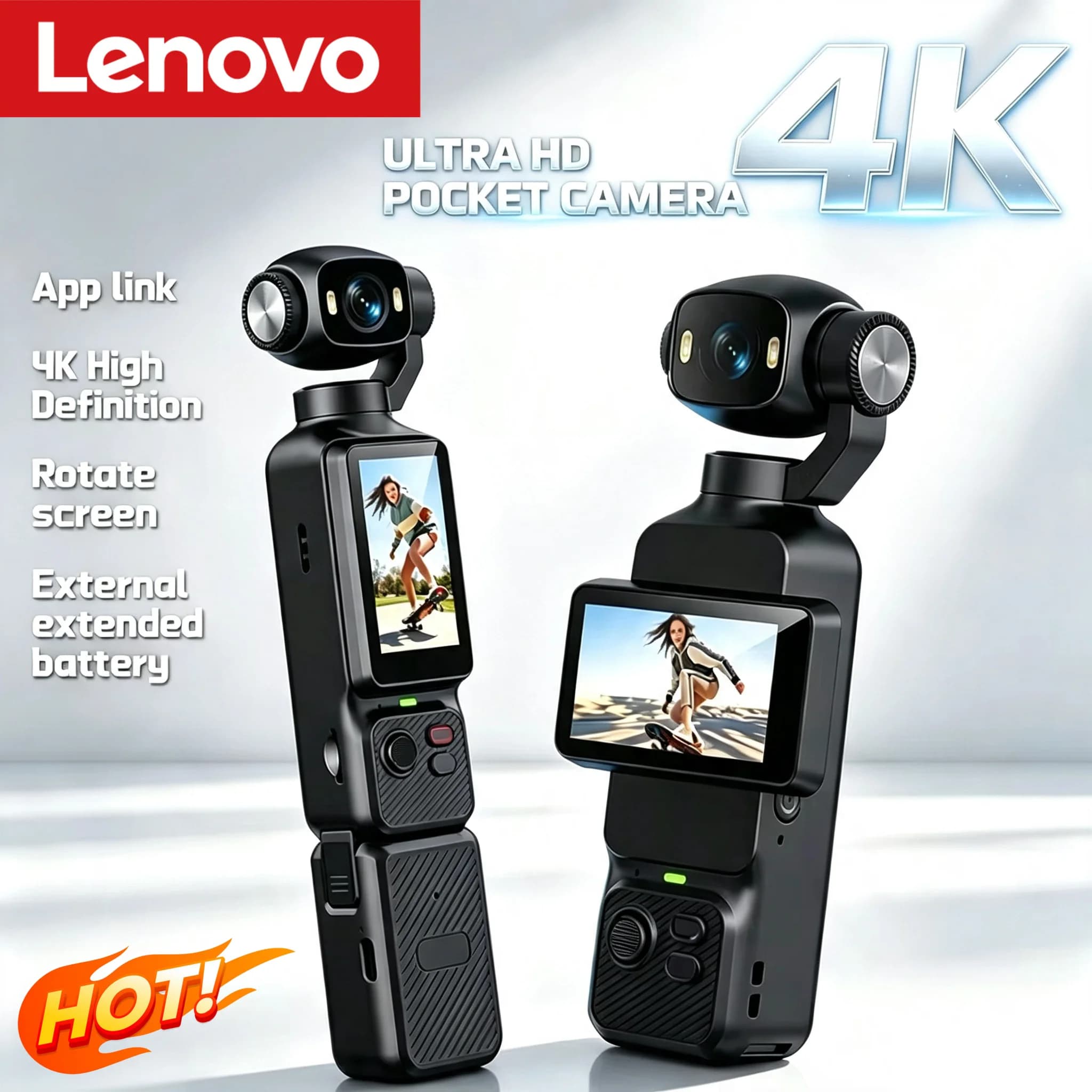 Lenovo 4K Handheld Gimbal Action Camera HD 180 Rotatable Lens Anti Shake Pocket Vlog Camera with Fill Light For Outdoor Sports