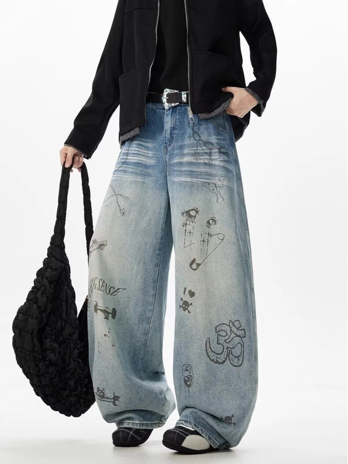 Jeans Y2K da uomo Pantaloni in denim larghi hip-hop Jeans con grafica ragnatela Pantaloni da jogging in denim gotico Streetwear