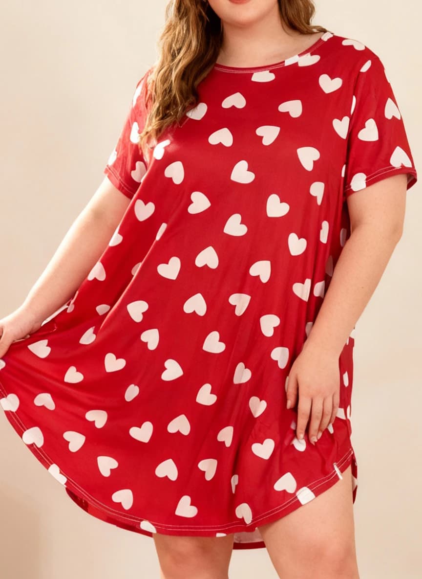 Women's nightdress strong spring summer with heart print, short sleeves and round neckline