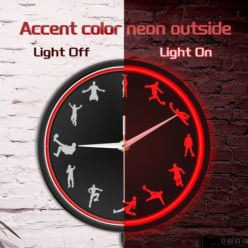 Orologio da Parete Illuminato con Cornice in Metallo Raffigurante Giocatori di Calcio Contemporanei, Luce Notturna al Neon per Decorazione Camera da Letto