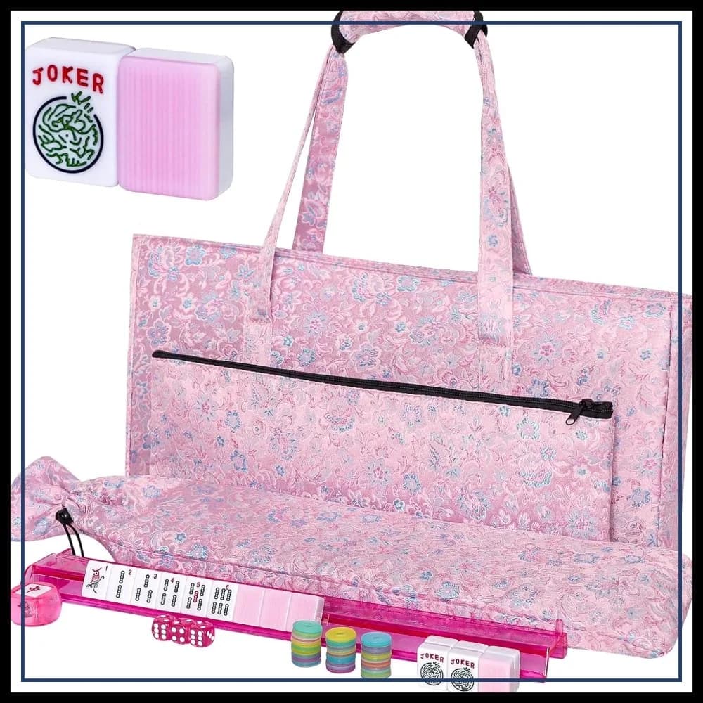 Set da gioco Mahjong americano, 166 tessere, borsa rosa e accessori, 4 supporti/spingitori tutto in uno