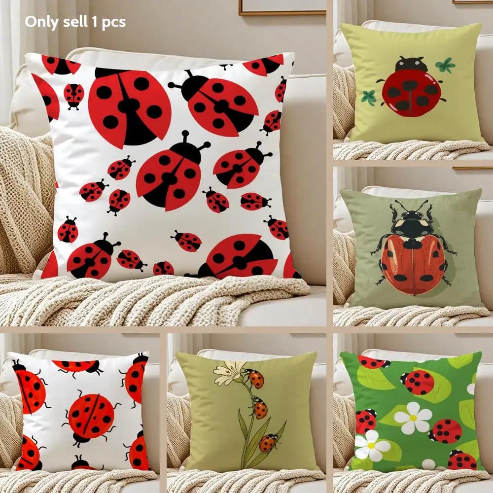 Cute cartoon ladybug Cushion Cover Silky Short Plush Sofa Pillow Cover Hidden Zipper Soft Dustproof Case for Home Decor