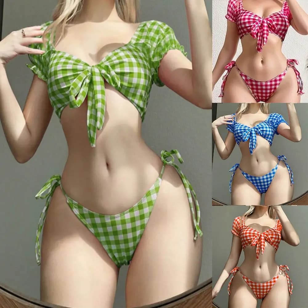 Set Bikini a Quadri per Ragazze, Stile Y2k Harajuku Vintage, Costume da Bagno Sexy Estivo, Aderente, Outfit da Spiaggia