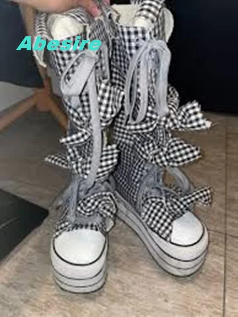 Black and White Checkered Platform Knee High Boots Wedges Butterfly Knot Lace-Up Shoes for Women Y2K Country Sweet Cute Shoes