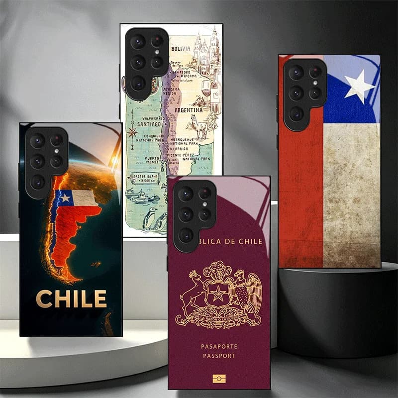 Chile Flag Map Passport Glass Phone Case for Samsung Galaxy S26 S25 S24 S23 Ultra Edge S22 S21 Plus S20 FE Shockproof Cover Shel