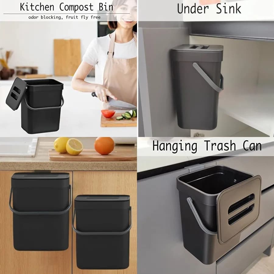 Contenitore per Compost da Bancone con Coperchio, Piccolo Cestino Appeso con Coperchio Sotto il Lavello per Cucina, Bidone per Rifiuti Alimentari da Bancone, Cestino per Rifiuti Montabile per Bagno, Camper, 5L/1.3 Gal, Nero