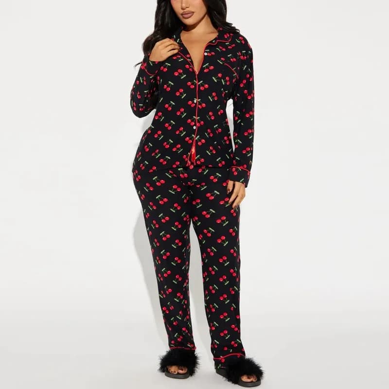 Women's printed 2-piece pyjamas set, long sleeved top with twisted and trousers, casual clothing for leisure and sleeping