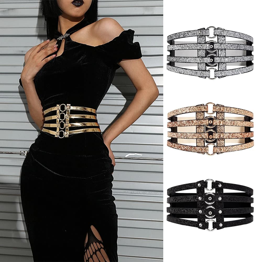 Women's golden stretch belt stylish look with dress party waist cover 4 row loop buckle decorative hollow belt